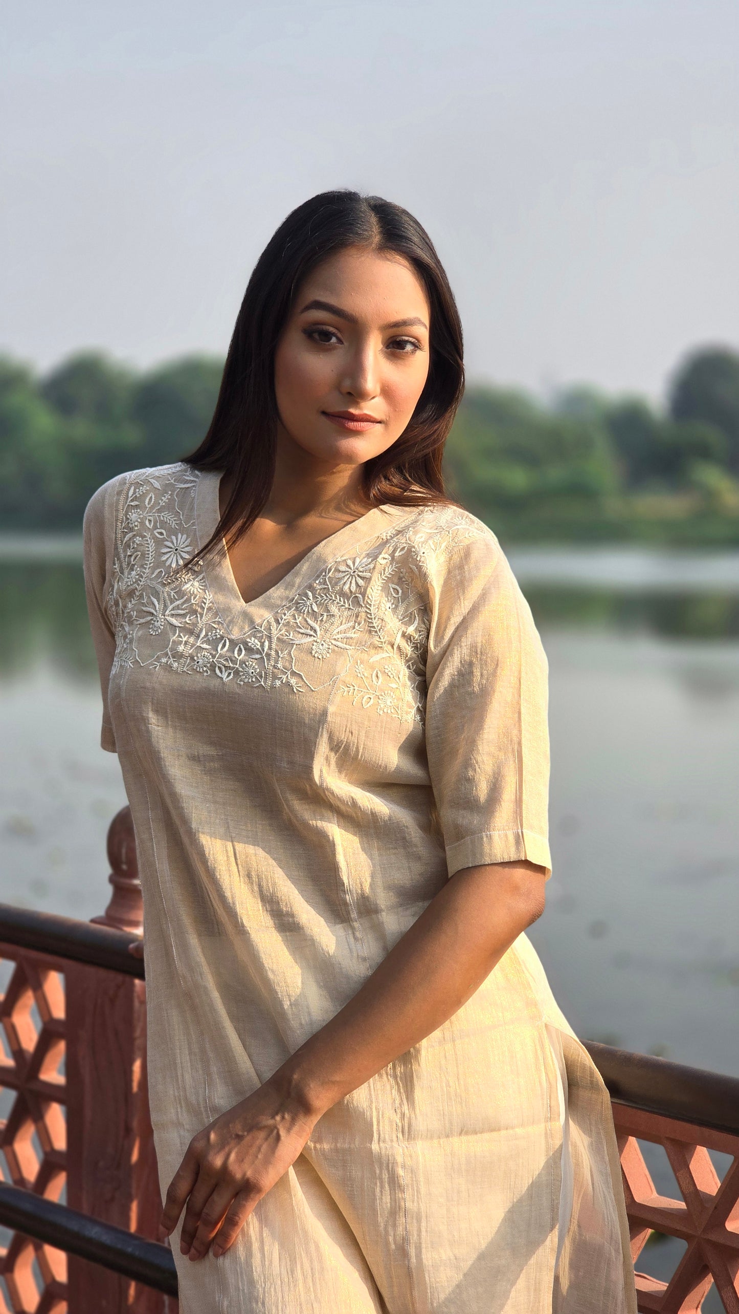 Beige Chikankari Kurta